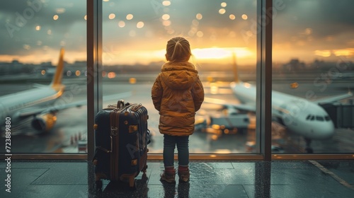 With a sense of anticipation, a child stands at the airport terminal, mesmerized by the sight of planes touching down, dreaming of their own upcoming journey