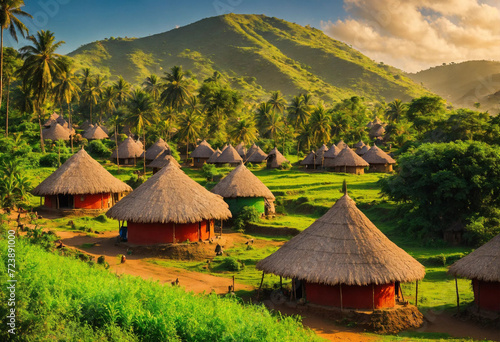 a panoramic view of a traditional ethiopian village. 8k, realstic, colorful, vibrant image