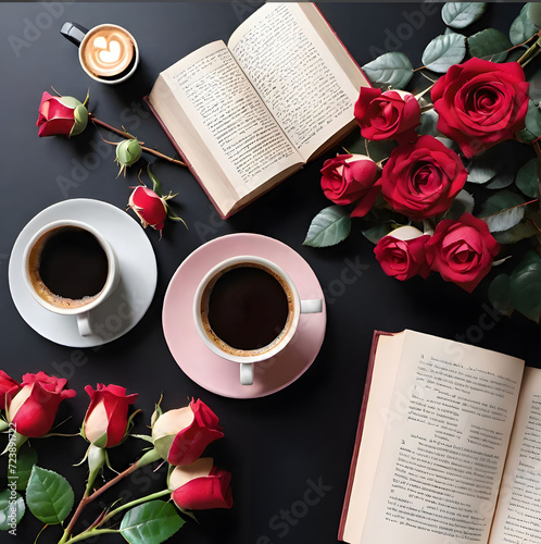 tavolo con libri, rose e caffè,