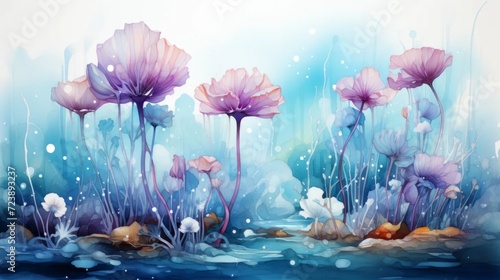 Underwater plants, algae and corals. Watercolor drawing on a white background. Underwater art