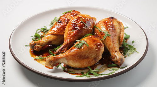 White plate topped with chicken covered in sauce. Perfect for food blogs and restaurant menus