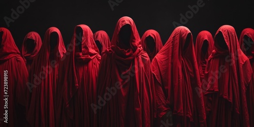 Redrobed Figures With Obscured Faces In A Dark Background Evoke A Mysterious Sects Allure. Сoncept Mysterious Sects, Redrobed Figures, Obscured Faces, Dark Background, Allure