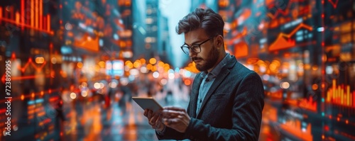 A young businessman standing with a tablet, abstract vibrant color city on background