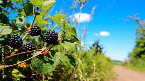 Blackberry bush stands against a backdrop of serene nature, offering a tranquil and picturesque view.
