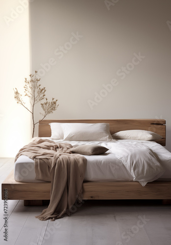 Wooden bed with white pillows, linens, and beige blanket in the minimalistic modern bedroom interior. Interior design concept.