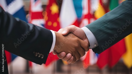 Close-up of a businessperson's hand shaking over an international trade contract, flags of different countries in the background