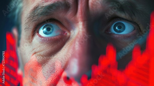 Close-up of a worried investor's face with a background of plummeting stock market graphs