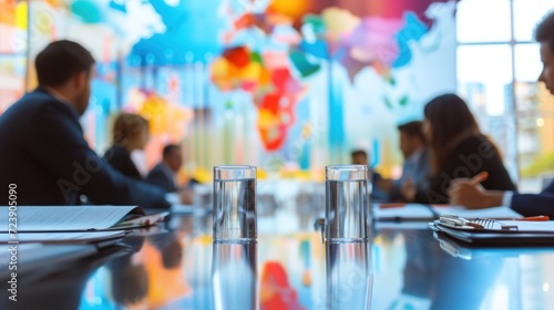 Detailed view of a business meeting with executives from multinational corporations, company logos in the background