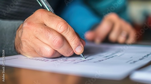 Detailed view of a voters hand marking a ballot paper with a pen, focused and decisive