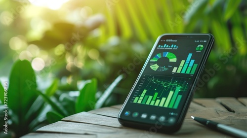 Zoomed-in image of a smartphone displaying an app for tracking personal carbon footprint, green investments in the backdrop