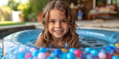 Adorable girl in a swimsuit playing in the splashes of a swimming pool in a joyful summer time.