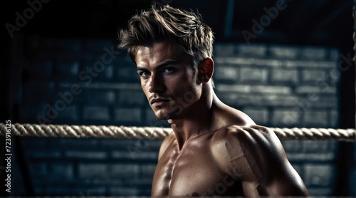 Portrait of a muscled toned handsome young male model on plain black background from Generative AI