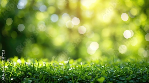 A fresh spring sunny garden background of green grass and blurred foliage bokeh. 