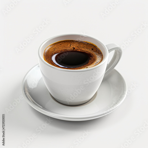 Espresso in a small ceramic cup. White background, top side.