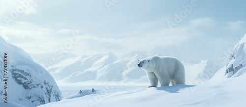polar bear (Ursus maritimus) in the icy landscapes of North Pole on a cloudy day