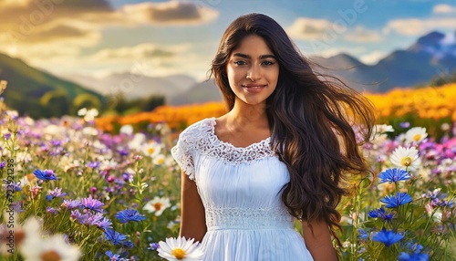 Portrait einer schönen Frau mit langen, lockigen Haaren in einer Blumenwiese und Bergen im Hintergrund. Ai. Urlaub. Landschaft.