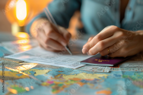 A close-up of hands holding a passport and filling out a visa application form, with travel brochures and a world map in the background 