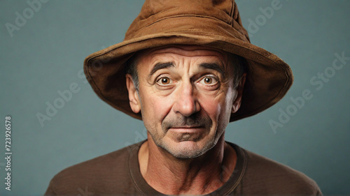 Retro style close up portrait of middle aged goofy man with brown hat and brown shirt