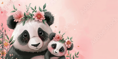 Mother panda with wreath care about baby panda. Happy mothers day panorama
