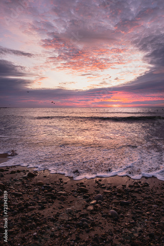 A winter sunrise over Buzzards Bay in the Atlantic Ocean off the coast of Massachusetts. A wave just crashed onshore leaving streaks of water and the sky is filled with pink clouds and sunlight.