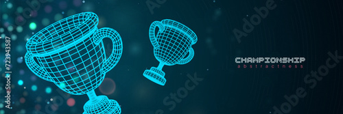 Champion cup vector banner. Meshgrid winner goblet on blur dark background. Three-dimensional bowles. Futuristic HUD cyber championship reward