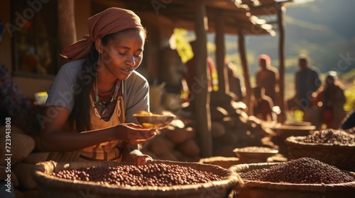 Woman, farmer worker picking, sorting coffee beans into basket. Coffee plantation, arabica and Robusta coffee sorts