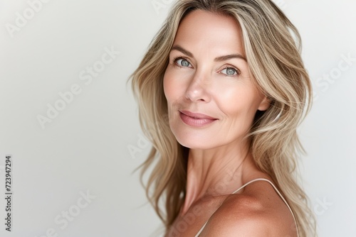  Skincare commercial model age more than 40, extremely realistic skin detail, upper body, mild smile, white skin