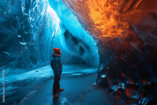 Young tourist admiring a view of spectacular Icelandic ice cave. Breathtaking landscape of Iceland. Hiking by foot.