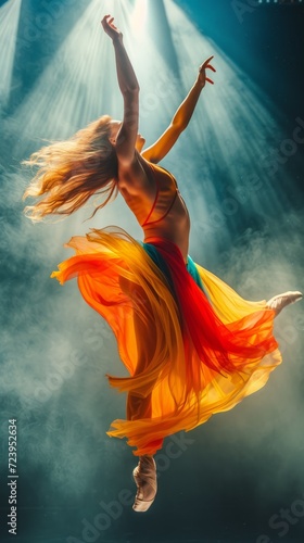 A dancer is dancing in a colorful dress with her arms outstretched