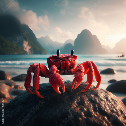 Crab on rock along the beachm seashore design concept 