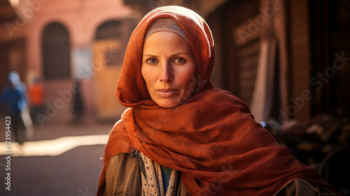 Portrait of a muslim woman in traditional attire posing in Morocco