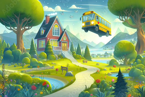 A flying school bus joyfully rides through a fairy-tale forest. Child illustration concept