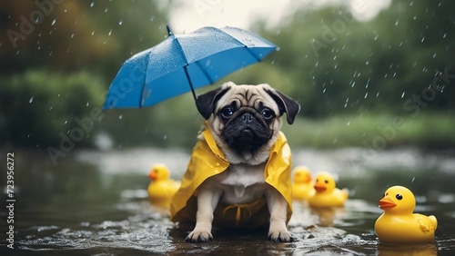dog with umbrella A pug puppy with a playful frown, wearing a tiny raincoat and holding an umbrella, sitting in a puddle with rubber ducks duck duckies