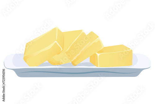 Pieces of butter, margarine, spreads and dairy products on a plate isolated on white background. Flat vector illustration.