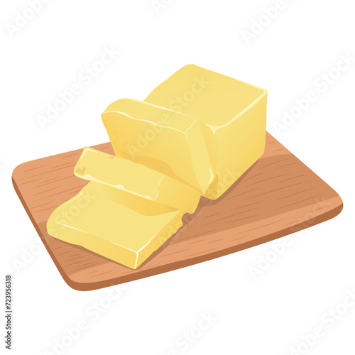 Pieces of butter, margarine, spreads and dairy products on a wooden cutting board isolated on white background. Flat vector illustration.