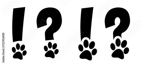 Dogs or cats silhouette, animals footprints. Vector foot pictogram. Print for dog or cat. paw sign. Question mark, exclamation point with footprint.