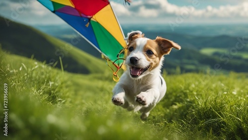 jack russell terrier playing with kite An exuberant Jack Russell puppy chasing after a colorful kite on a lush green hill, with a backdrop 
