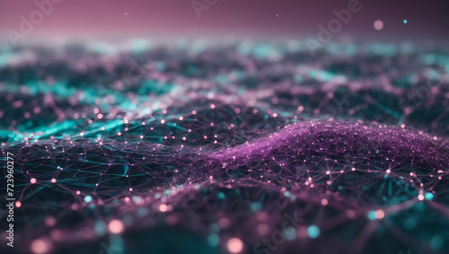 Subdued mauve and muted teal abstract technology background with a cyber network grid and interconnected particles. Artificial neurons and calming global data connections.