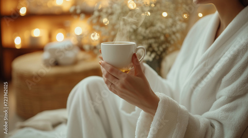 Woman drinking herbal tea after spa treatment. 