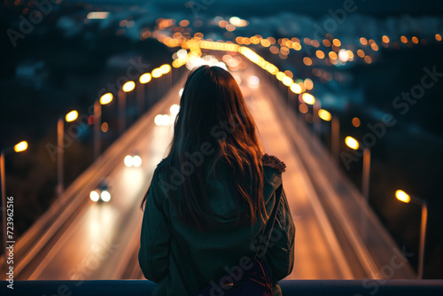A woman on a bridge looking towards a highway. Night skyline.