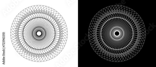 Lines in circle like safety pattern or guilloche for any projects. Black shape on a white background and the same white shape on the black side.