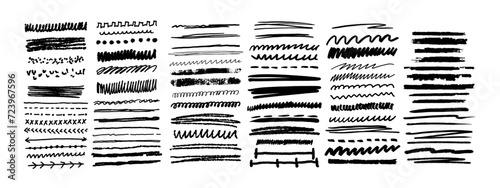 Underline brushstroke set, line scribble doodle, black pencil vector hand drawn divider collection. Sketch marker border, crayon stripe kit, grunge creative text decoration. Underline brushstroke