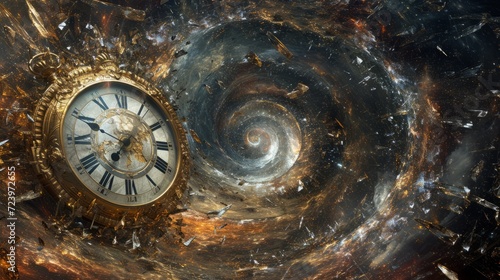 A clock surrounded by a galaxy of shattered glass