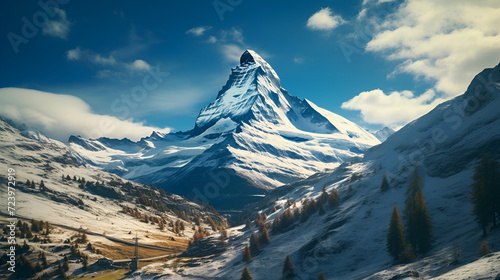 Panorama mountain autumn landscape, view to the majestic Matterhorn mountain, Valais, Switzerland, Generative Ai