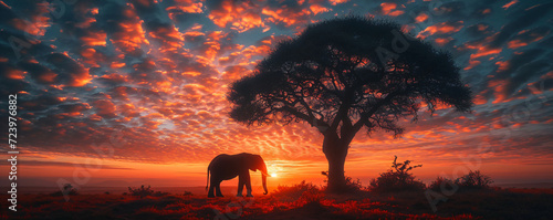 Silhouette of large acacia tree in the savanna plains with elephant. African sunset or sunrise. Wild nature, Kenya panoramic view. Black history month concept. World rhino day. Animal protection
