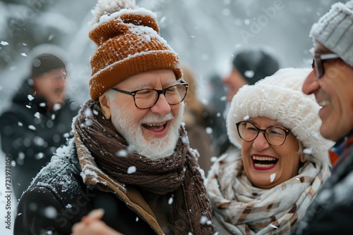 Happy senior couple dancing with friends outside in winter