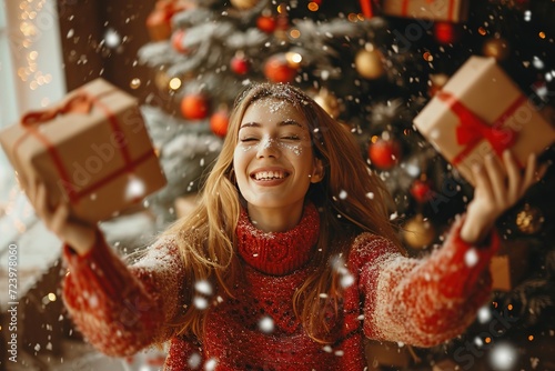 Happy woman throwing gift box near Christmas tree at home