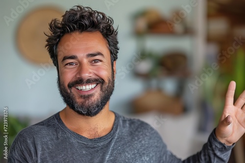 Hispanic man with beard at the living room at home inviting to enter smiling natural with open hand