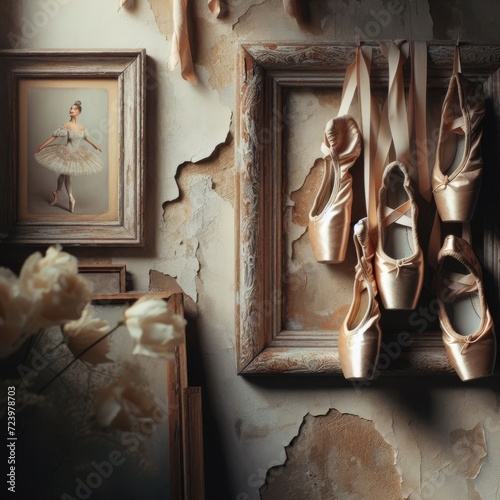 Ballet shoes, old and new, hang on the distressed wall