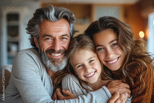 Portrait of happy family embracing in living room at home